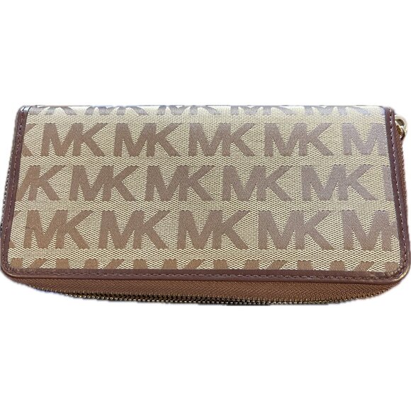 Vtg 90s Michael Kors Signature MK Logo Fabric Leather Wallet Continental Zip - Picture 2 of 7